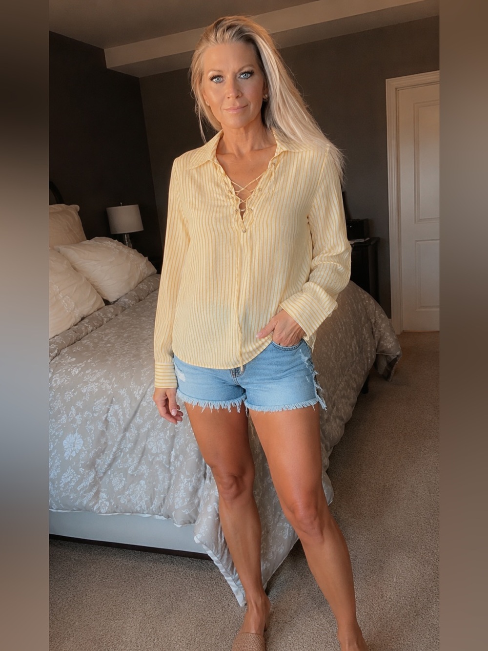 Yellow Lace-Up Stripe Button-Down Shirt